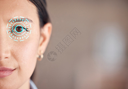 视网膜扫描的艺术设计与 cgi 视觉和特殊效果对西班牙裔妇女的安全 用眼睛扫描仪看混血女人的特写肖像 半张脸正面大头照背景图片