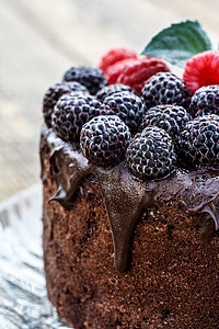 贴上土制巧克力蛋糕 上面装饰着黑莓和红草莓糖高清图片素材