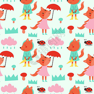 等雨停可爱的无缝秋季矢量模式与雨林中的狐狸 带有雨林 蘑菇和狐狸情绪的图案 用于连衣裙 纺织品 壁纸 名牌纸等 EPS孩子婴儿标识插图插画
