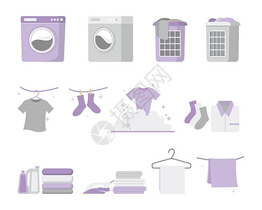 衣服篮洗衣剪贴片集 白色背景孤立家用电器的矢量插图(白底独立家用电器)插画