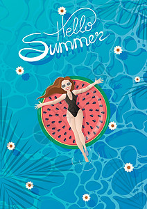 女孩坐在西瓜上身着太阳镜的女孩 在游泳池西瓜床垫上的黑色单件泳衣设计图片