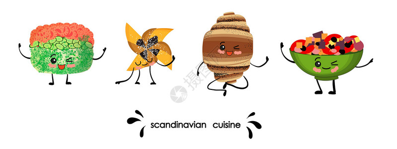 芬兰一套盘子 斯堪的纳维亚国家烹饪品 曼加人物 川井沙拉插画
