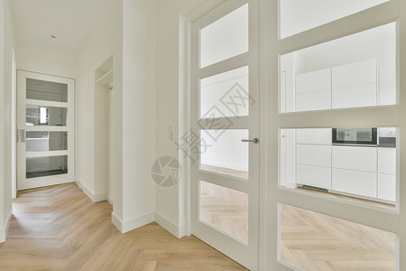 现代公寓的门外 有白色墙壁和面板地板压板房子大厅窗户地面木地板入口建筑学房间通道白色的高清图片素材