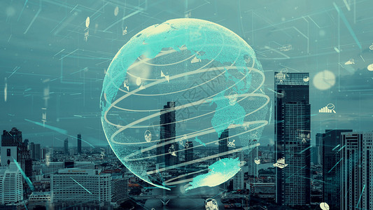 智能城市的全球连接和互联网网络的改变在智能城市全球化上网网格基础设施天线天空景观技术商业交通手机高清图片素材