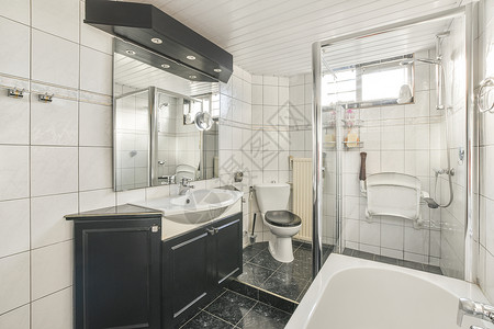 铁锹黑色花具现代厕所的黑内房间公寓房子黑色装饰卫生架子陶瓷浴室家具背景