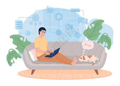 坐在沙发上的狗远程工作 2D 矢量孤立插图设计图片