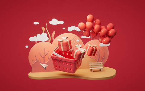 大牌促销日配有卡通风格的气球 3D翻版的礼品盒场景纪念日电子商务广告店铺礼物盒装饰品零售周年盒子背景