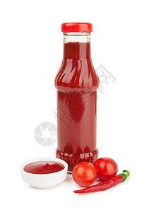 吃番茄酱瓶番茄酱瓶子瓶装辣椒红色食物蔬菜白色玻璃胡椒小吃背景