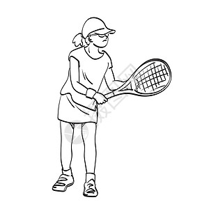 线条艺术全长的年轻运动女孩打网球插图矢量手绘在白色背景下隔离背景图片