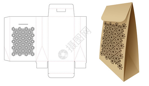 包装袋展开装有稳妥模式式窗口死切剪切模板和 3D 模拟模型的包装袋插画