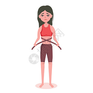 身瘦如甚薄的妇女 有精神失常症和贪食症 用一厘米胶带测量腰部 感到脂肪 对体重不满意 想减肥更多背景图片