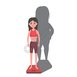 站在体重秤上身有厌食症和贪食症的非常瘦的女人 站在天秤上 感到脂肪 在她身后感觉一个肥大阴影插画