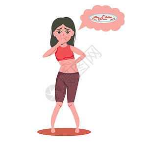 患有精神失常和贪食症的非常瘦弱的妇女感到恶心地思考食物 减肥 感到内疚背景图片