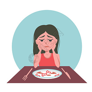 患有精神失常和贪食症的非常瘦弱妇女望着一盘食物 害怕吃东西 对体重不满 想减肥;她们想要减肥插画