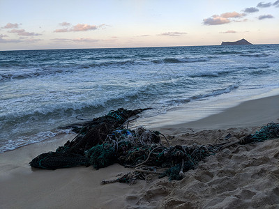 在Waimanalo海滩上洗刷的塑料渔网和线路背景图片