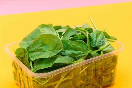 黄色背景透明塑料套件中新鲜的婴儿菠菜叶新片食物减肥排毒绿叶蔬菜活食绿色沙拉草本植物树叶背景图片