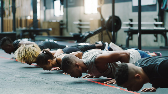 一群运动的年轻人一起在健身房做俯卧撑 他们把身体推得再用力一点背景图片