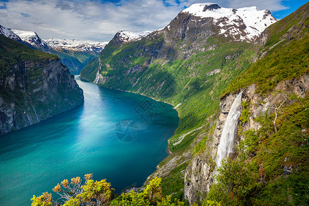 嘎朗湖和七姐妹瀑布 挪威 北欧山脉摄影曲线旅游峡湾旅行国家日出农村目的地背景