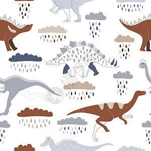 白底动物素材古代有色恐龙在白底的雨云下运行插画