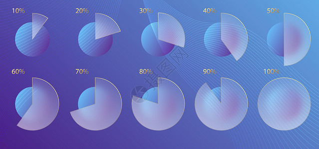 蒙马特玻璃态射效应 一套透明磨砂亚克力图表图表百分比 紫色背景上的蓝色渐变圆圈 逼真的玻璃形态哑光有机玻璃形状 向量设计图片