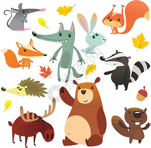 卡通森林动物人物 野生卡通可爱动物组合动物集栗鼠收藏海狸野兔婴儿贴纸兔子动物园刺猬插画