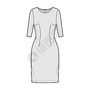 带肘袖 合身 及膝铅笔裙平装正面的裙装技术时尚插图女士棉布设计衣服女孩计算机纺织品太阳裙衬裙服装背景图片