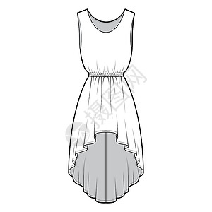 穿戴高低技术时装插图 用无袖 超大体积 自然弹性腰围 圆裙艺术衣服女士裙子女性纺织品计算机草图服装太阳裙背景图片