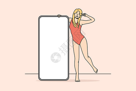 微笑的女孩在手机附近摆姿势广告屏幕电话冒充视频卡通片技术用户女性泳装背景图片