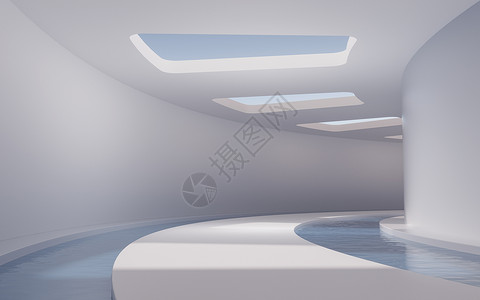里面有水的空房间 3D翻接隧道阳光平台途径曲线房子渲染日光几何学展览背景图片