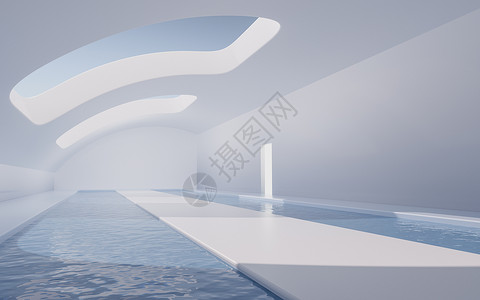 年俗之接灶神里面有水的空房间 3D翻接展览水池几何学日光场景阳光隧道蓝色走廊渲染背景