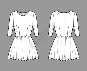 穿短技术时装插图 用手肘袖 合身 小长裙整裙子穿成一身女孩女性小样男性女士艺术纺织品设计计算机袖子设计图片