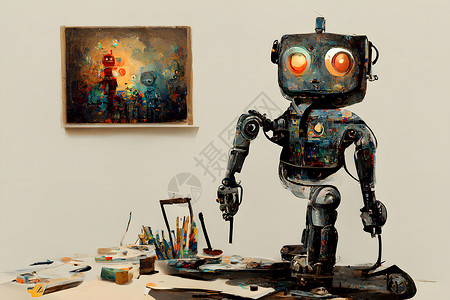 机器人画家工作室里可爱友好的机器人艺术家在他的画架旁边 工作时绘画和绘画 神经网络 ai 生成艺术人工智能生产帆布画家机器插图平局卡通片帮背景
