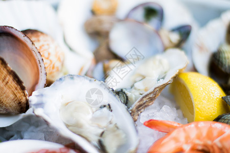 牡蛎农场海鲜混合食品     健康饮食和美食烹饪配方的风格概念柠檬营养奢华海洋盘子海滩饮食食物螃蟹生蚝背景
