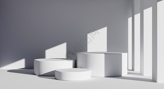 3个白色圆桌产品讲台 最起码有建筑背景的风格 建筑和内部概念 3D插图说明以及渲染展览优胜者架子平台建筑学走廊大厅地面推介会背景图片