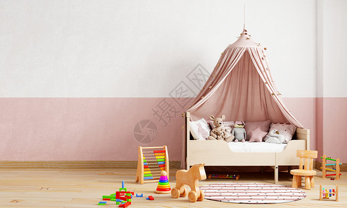以粉红和白色音调墙壁颜色背景的小孩房间 内务和儿童室托儿所概念 3D插图背景图片