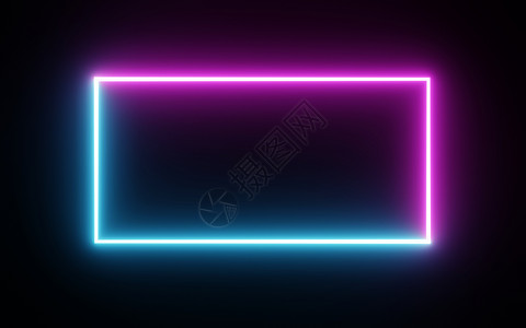矩形元素在孤立的黑色背景上带有两个色调霓虹色运动图形的方形矩形相框 蓝色和粉红色的光为覆盖元素移动 3D 插图渲染 空的拷贝空间中间激光背景