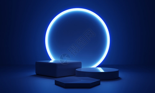 六维立方体Cyberpunk 蓝蓝色空讲台 在黑暗中亮灯框架 用于产品展示 技术和Scifi概念 3D 插图平台立方体游戏激光长方形圆柱六背景