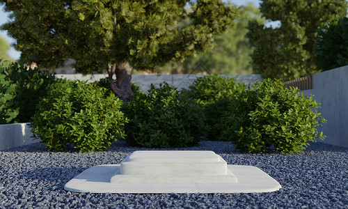 带阴影背景的后院花园中带天然绿树的矩形石制讲台平台 广告概念的性质和对象 3D插画渲染柱廊建筑学体育馆小路历史纪念碑旅行天空石头背景图片