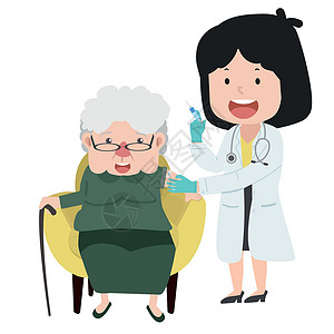 老年病人做运动向老年注射器患者注射注射针筒的女医生插画