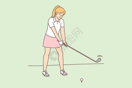 女人打高尔夫球妇女在球场打高尔夫运动运动员玩家竞争绘画闲暇娱乐女孩女性训练插画