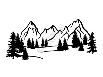 瑞士阿尔卑斯山风景山区山脉和树木草图 在白色背景上孤立的矢量插图 面条画景观岩石旅游全景登山爬坡远足旅行顶峰涂鸦风景插画