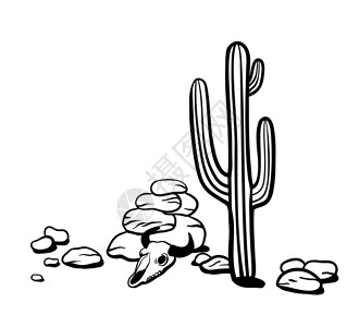 西南边陲沙漠景观轮廓 黑白矢量插图 墨西哥仙人掌 岩石和动物头骨设计图片