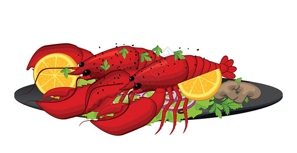 海白虾逼真的煮熟的煮小龙虾与柠檬白背景矢量卡通片烹饪海洋草图龙虾艺术美味插图海鲜菜单插画