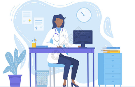 黑人医生带听诊器的黑人非洲女医生坐在带显示器的办公桌前 医学 流行病 锁定疗法 医疗保健 医院工作区概念 在白色上孤立的平面样式中的股票插画