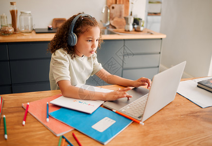 儿童教育 学习和聆听 使用笔记本电脑和耳机进行在线互动活动或在家远程教学 一个小而聪明的现代学生忙于作业测试背景图片