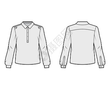 拉式纸筒Henley 衬衫技术时装插图 用纽扣式拉筒 肩部薄膜 经典军事风格计算机女士男人身体服饰纺织品女性棉布球座丝绸设计图片