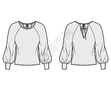 以宽圆颈 夸大的气球拉布兰袖子 袖子 背带领带的布质技术时装图示身体衬衫织物纺织品绘画计算机办公室裙子丝绸设计设计图片