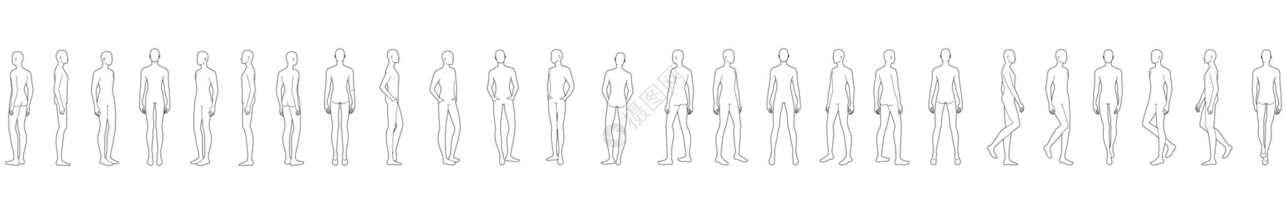 25名男子的时装模版服饰男生草图姿势解剖学模型插图空白收藏数字背景图片
