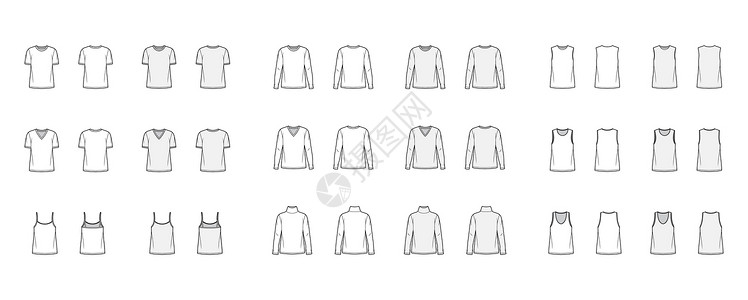 白色衬衫一组9个顶级技术时尚演示 前阵形和后排白色和彩色风格设计图片