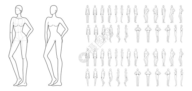 50岁女人50名妇女的时装模版造型师冒充姿势草图女士女性女孩数字身体腰部设计图片